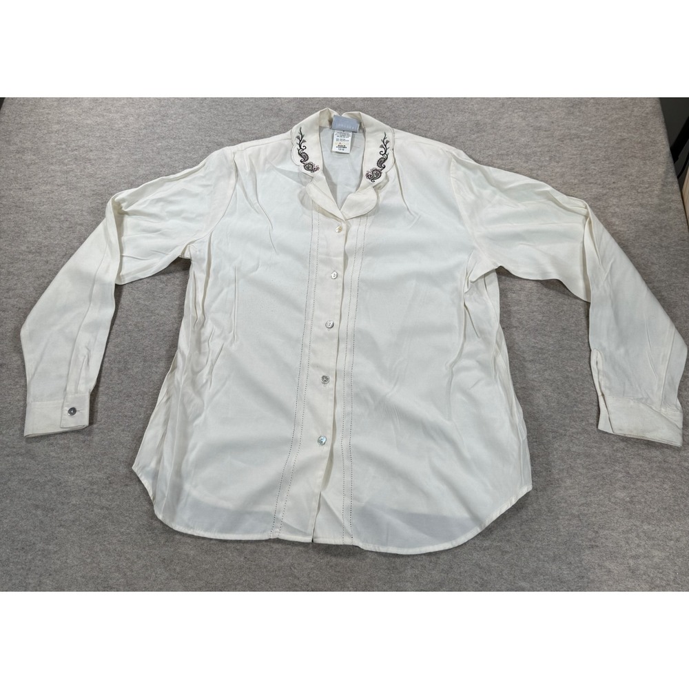 Jantzen Womens 12 Cream Embroidered Paisley Scalloped Collar Blouse Shirt